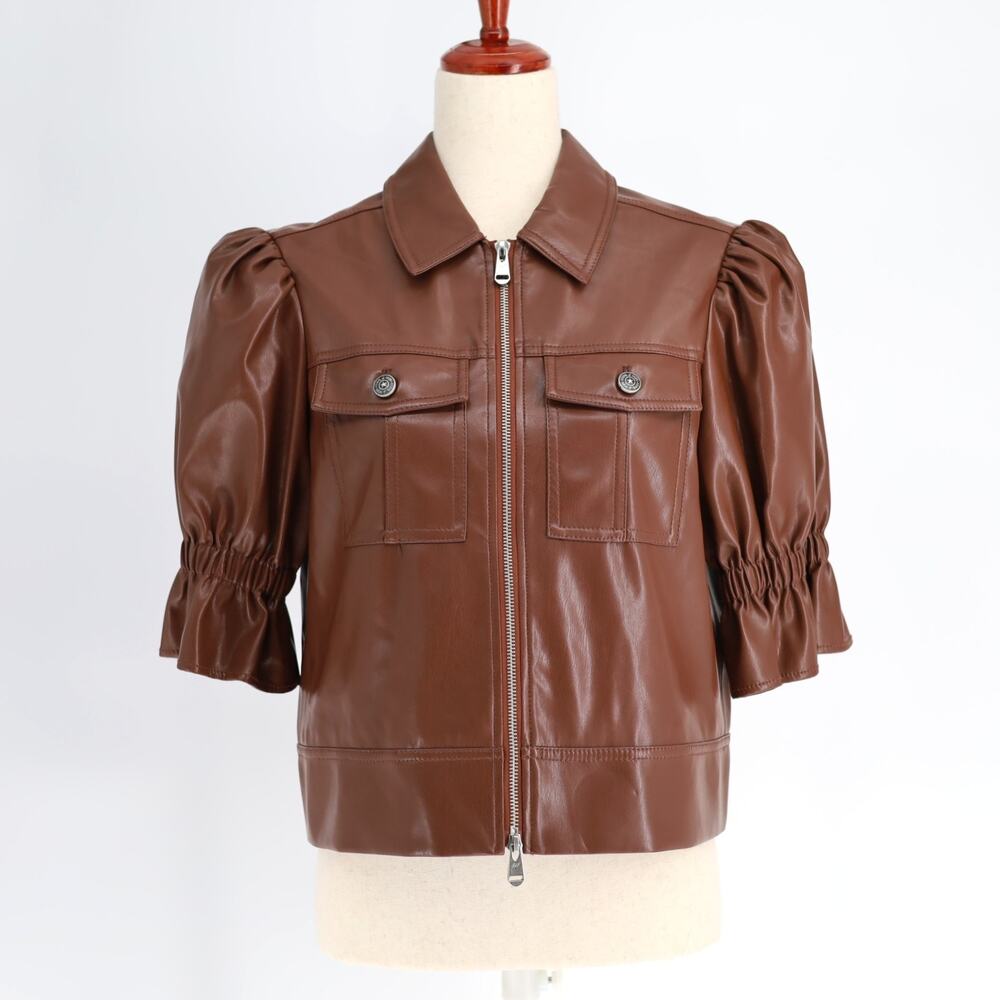 Cinq à Sept Women Espresso Vegan Leather Luxury Short Puff Sleeve Jacket Size M - Picture 6 of 10